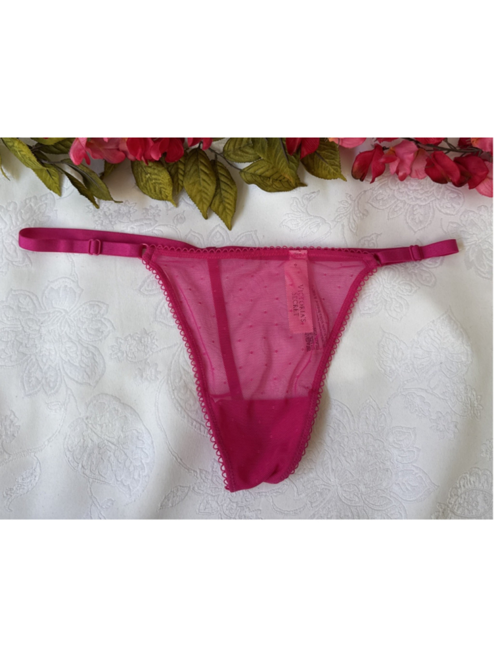 VICTORIA'S SECRET M TEASE PINK POLKA DOT MESH LACE STRING THONG ADJ PANTIES NWT